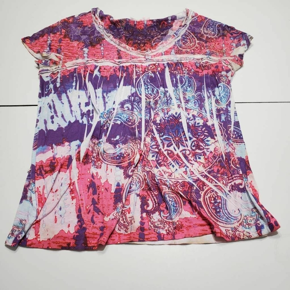 Cato Womens Blouse Pink Purple Tie Dye Paisley Short Sleeve V Neck Pullover L